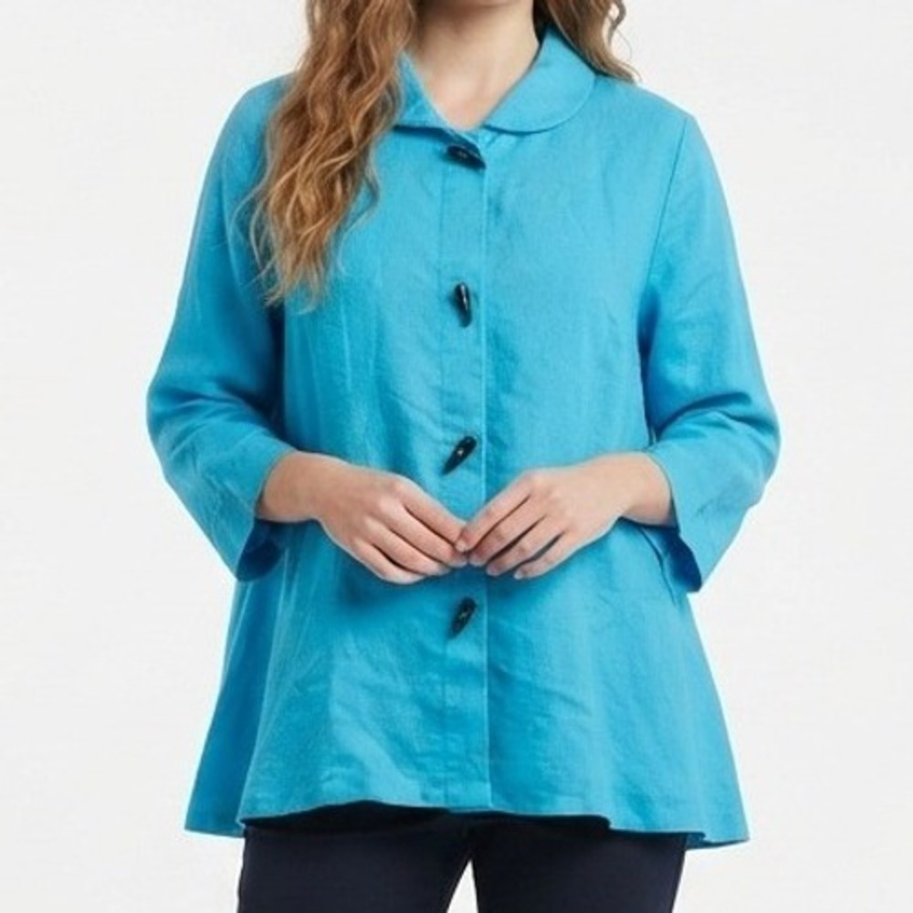 Fridaze Linen Blouse Womens Large Turquoise Peter Pan Collar Toggle Button Top